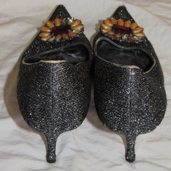 Miu Miu Black Silver Glitter Flower Stone Pointed Toe Witch Goth Heels 39 1/2 - Picture 5 of 7